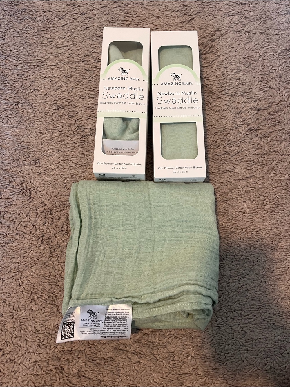 3 pack Amazing Baby Newborn Muslin Swaddle Blanket - Sage Green